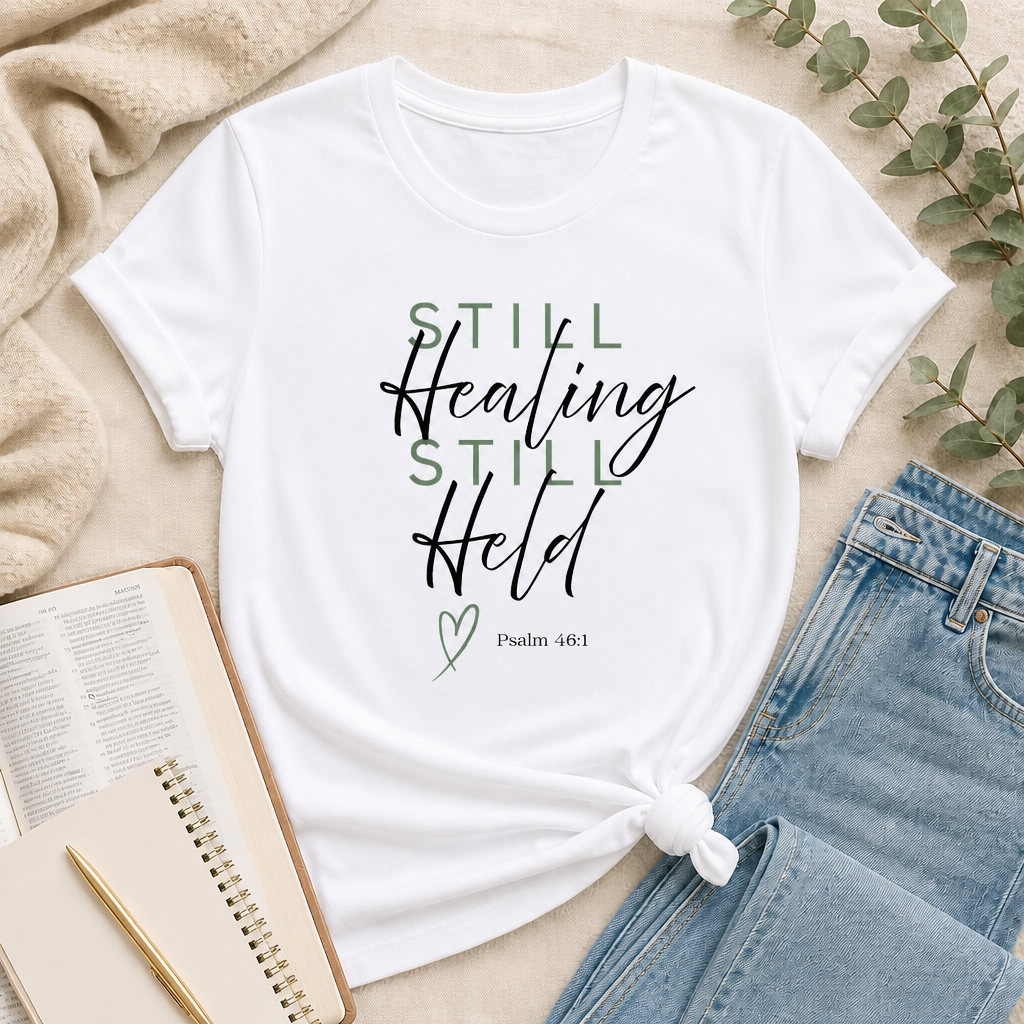 Inspirational 'Still Healing, Still Held' Graphic Tee