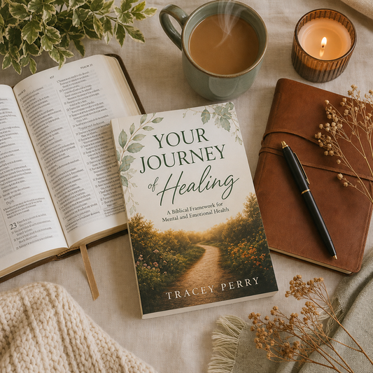 A styled flat-lay featuring a book titled 'Your Journey of Healing' by Tracey Perry, surrounded by an open Bible, a mug of coffee, a lit candle, a brown leather journal, and a black pen on a neutral fabric background.
