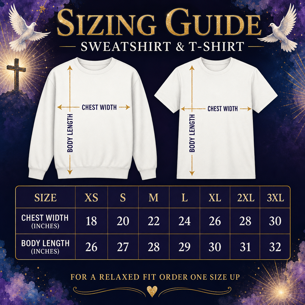 Sizing guide graphic for sweatshirts and T-shirts showing front views of both garments with arrows marking chest width and body length, plus a size table from XS to 3XL with chest and body length measurements on a dark decorative background.