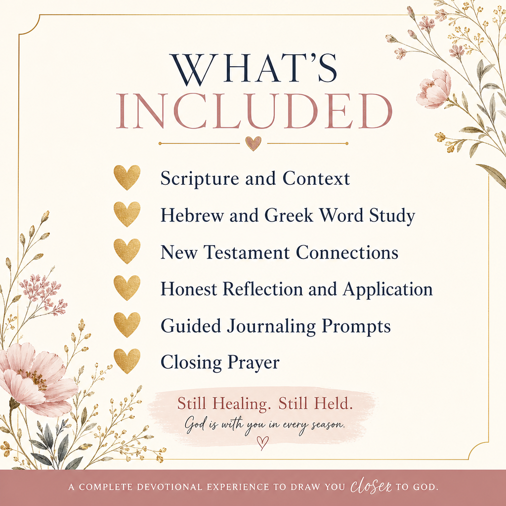 A digital graphic outlining the contents of a devotional book or guide, titled 'WHAT'S INCLUDED'. The text lists scripture and context, Hebrew and Greek word study, new testament connections, honest reflection and application, guided journaling prompts, and closing prayer.