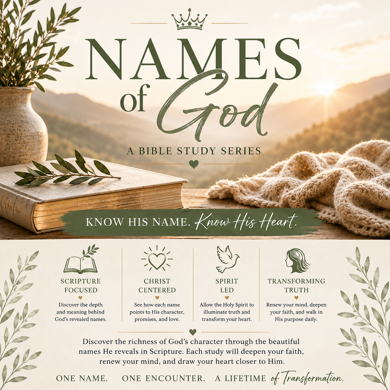 Names of God Series collection banner by Your Journey of Healing featuring elegant Bible study covers with biblical landscapes,