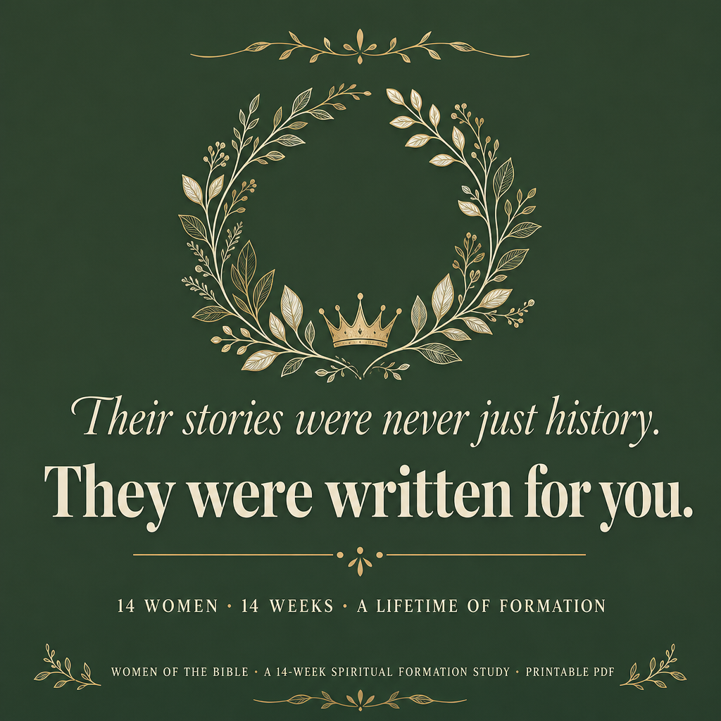 A square promotional graphic with a dark green background and cream-and-gold decorative wreath and crown illustration. Large text reads, "Their stories were never just history.