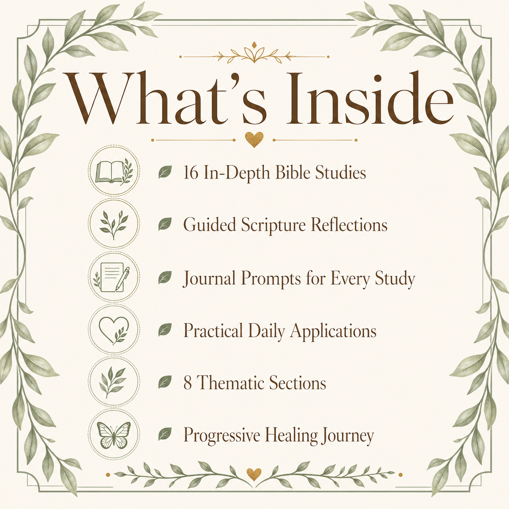 A decorative 'What's Inside' cover graphic with a cream background, leafy border, and a list of included contents: 16 in-depth Bible studies, guided scripture reflections, journal prompts, practical daily applications, 8 thematic sections, and a progressive healing journey.
