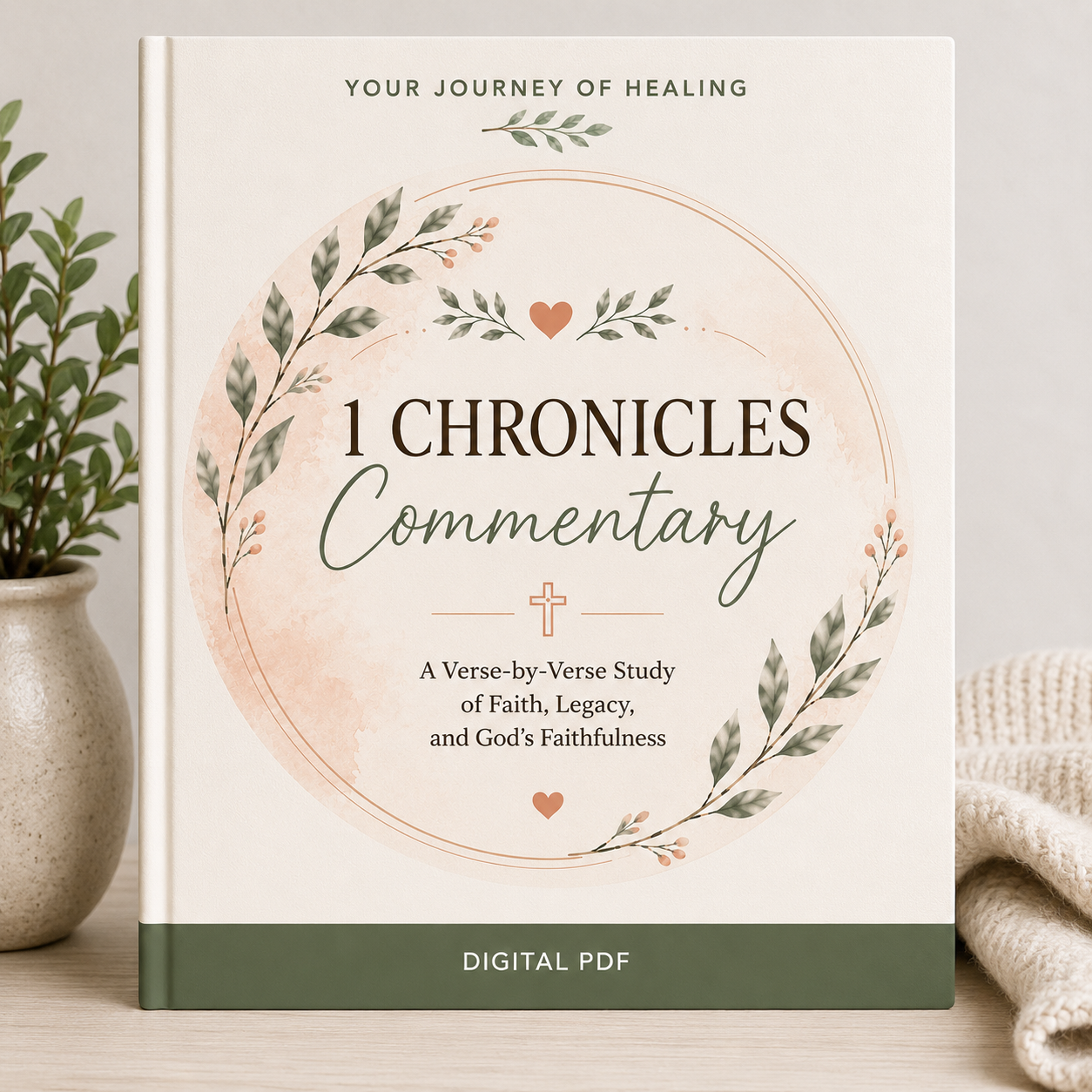 A book cover for '1 Chronicles Commentary' shown standing upright on a tabletop, with a potted plant on the left and a knitted textile on the right. The cover is cream with a pale blush circle, green leafy wreath illustrations, and a dark green band at the bottom that reads 'DIGITAL PDF'.