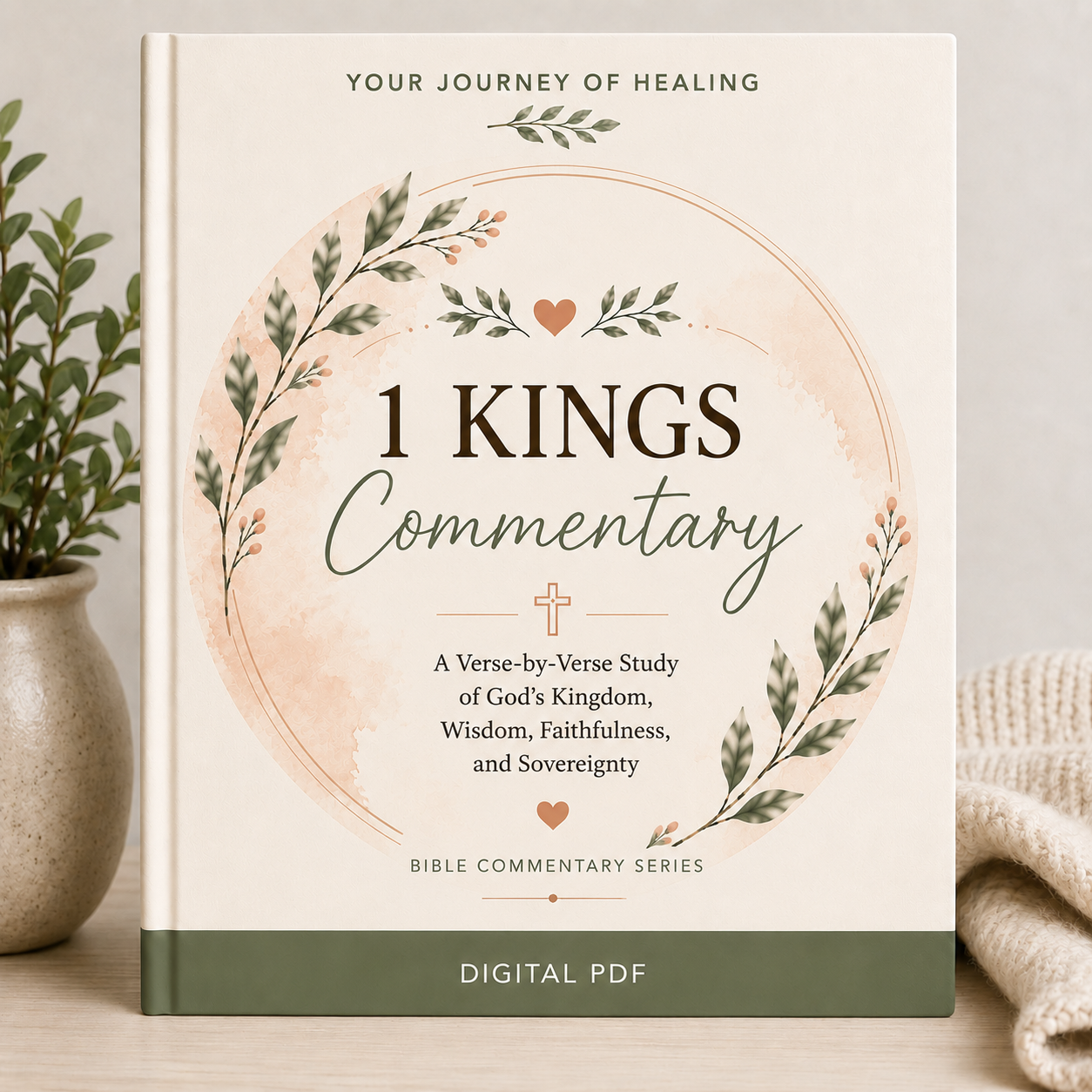 A book cover for '1 Kings Commentary' shown upright on a tabletop with a potted plant on the left and a folded knit blanket on the right. The cover is cream with a soft blush circle, green leafy wreath illustrations, and dark olive-green text and band at the bottom.