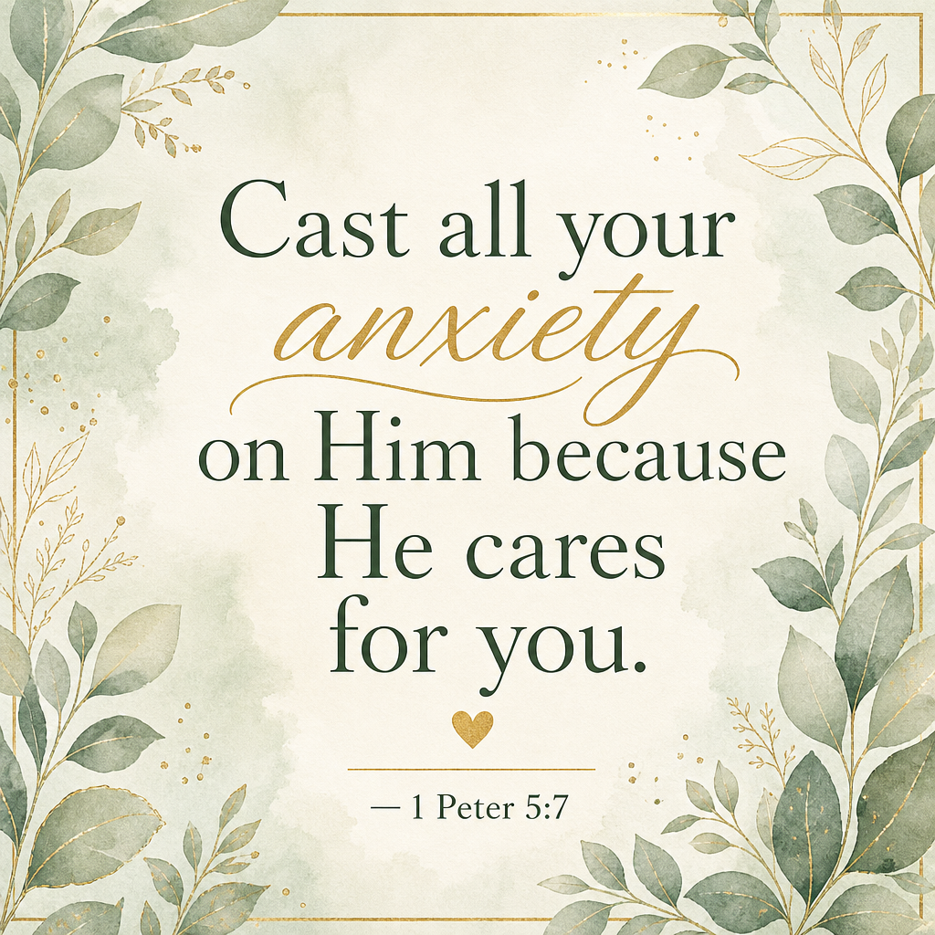 A square inspirational quote print featuring the text 'Cast all your anxiety on Him because He cares for you. 1 Peter 5:7' in dark green and gold lettering, surrounded by a watercolor-style botanical border of green leaves and gold accents on a cream background.