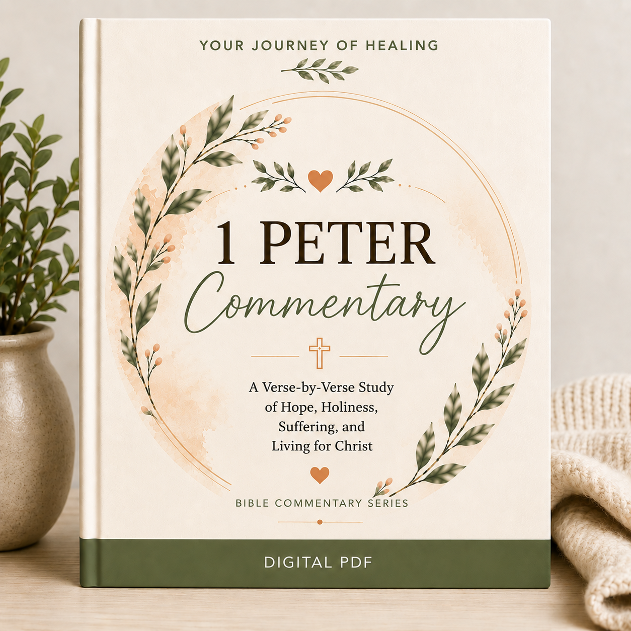 A book cover for '1 Peter Commentary' shown upright on a tabletop with a small potted plant on the left and a folded knit blanket on the right. The cover is cream with green and peach botanical accents, a central circular wreath design, and a dark green band at the bottom reading 'DIGITAL PDF'.
