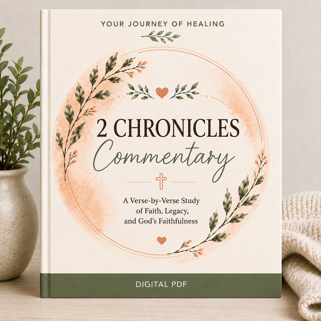 A book cover for a digital PDF titled '2 Chronicles Commentary' shown standing upright on a tabletop. The cover has a warm cream background with a peach watercolor circle, green botanical wreath illustrations, and dark green text.