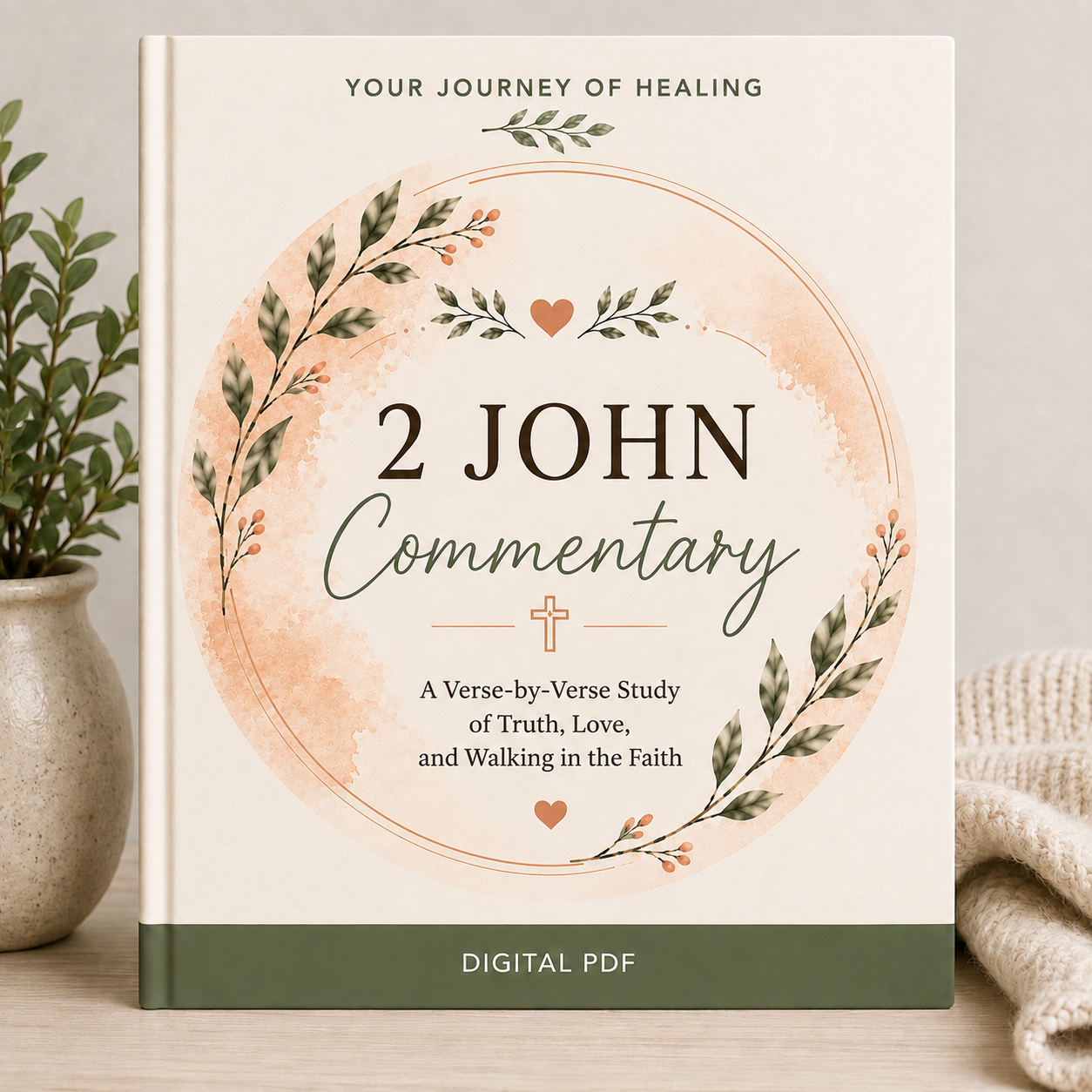 A book-style cover for a digital PDF titled "2 John Commentary" is shown standing upright on a tabletop. The cover has a cream background with a large peach watercolor circle, green leafy wreath illustrations, and dark green text.