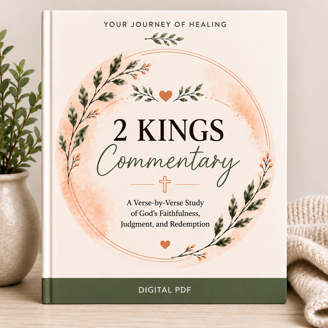 A book-style digital cover for a '2 KINGS Commentary' PDF stands upright on a tabletop. The cover has a cream background with a peach watercolor circle, green leafy wreath illustrations, and black and green text.