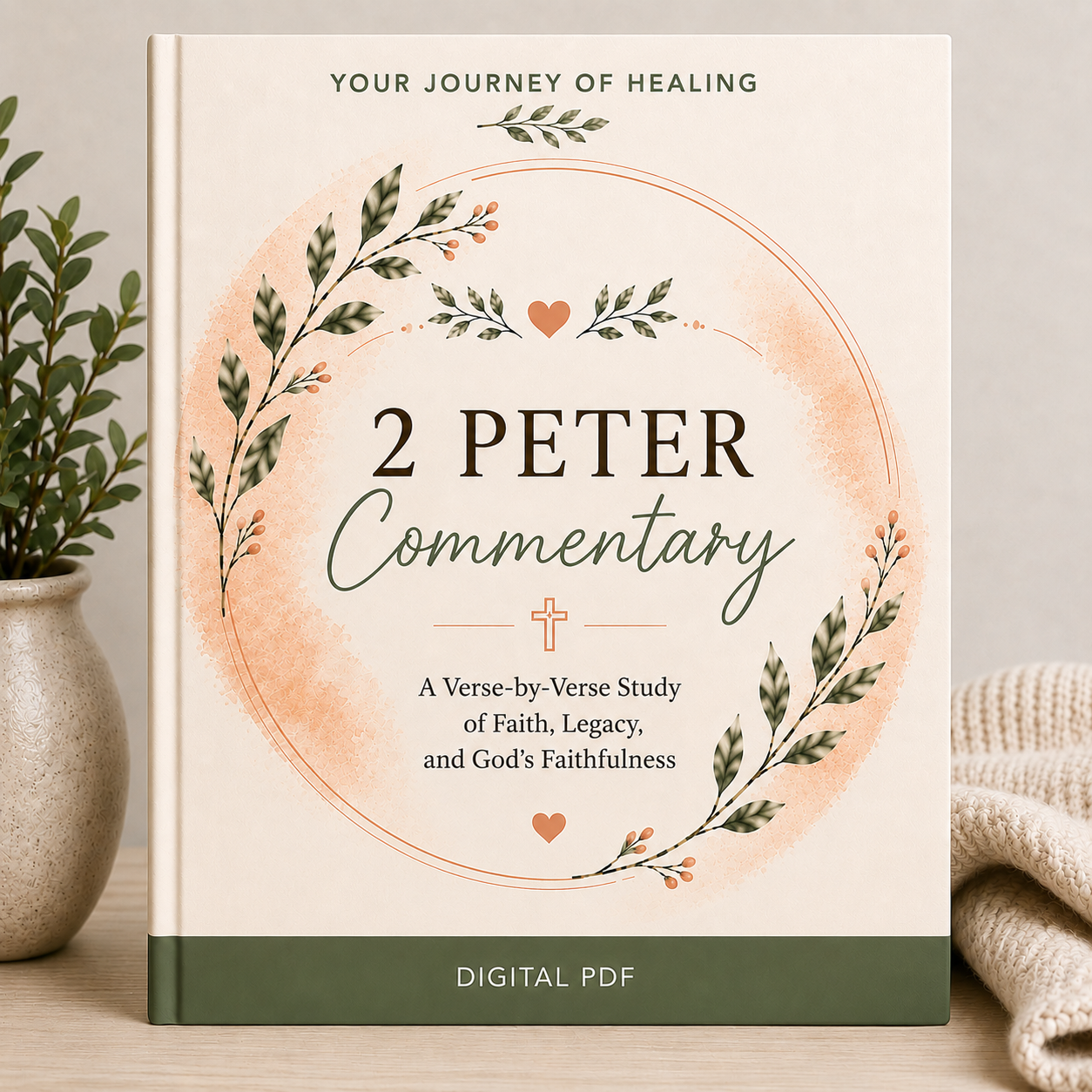 A book-style cover for a digital product titled "2 Peter Commentary" with decorative green leaf wreaths and small hearts on a cream background, plus a dark green band at the bottom reading "DIGITAL PDF." The book is shown standing upright on a tabletop with a potted plant on the left and a folded knit blanket on the right.