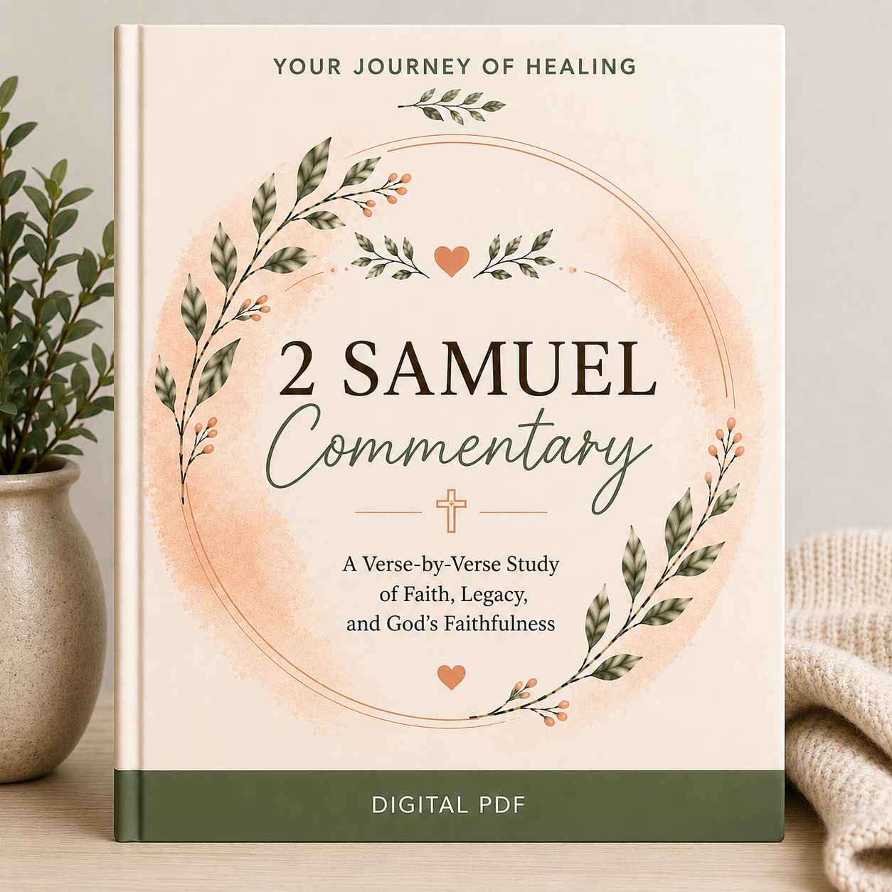 A book-style cover design for a digital PDF titled "2 Samuel Commentary" with decorative green foliage and peach watercolor accents on a cream background. The cover is shown standing upright on a tabletop, with a potted plant on the left and a folded cream knit blanket on the right.