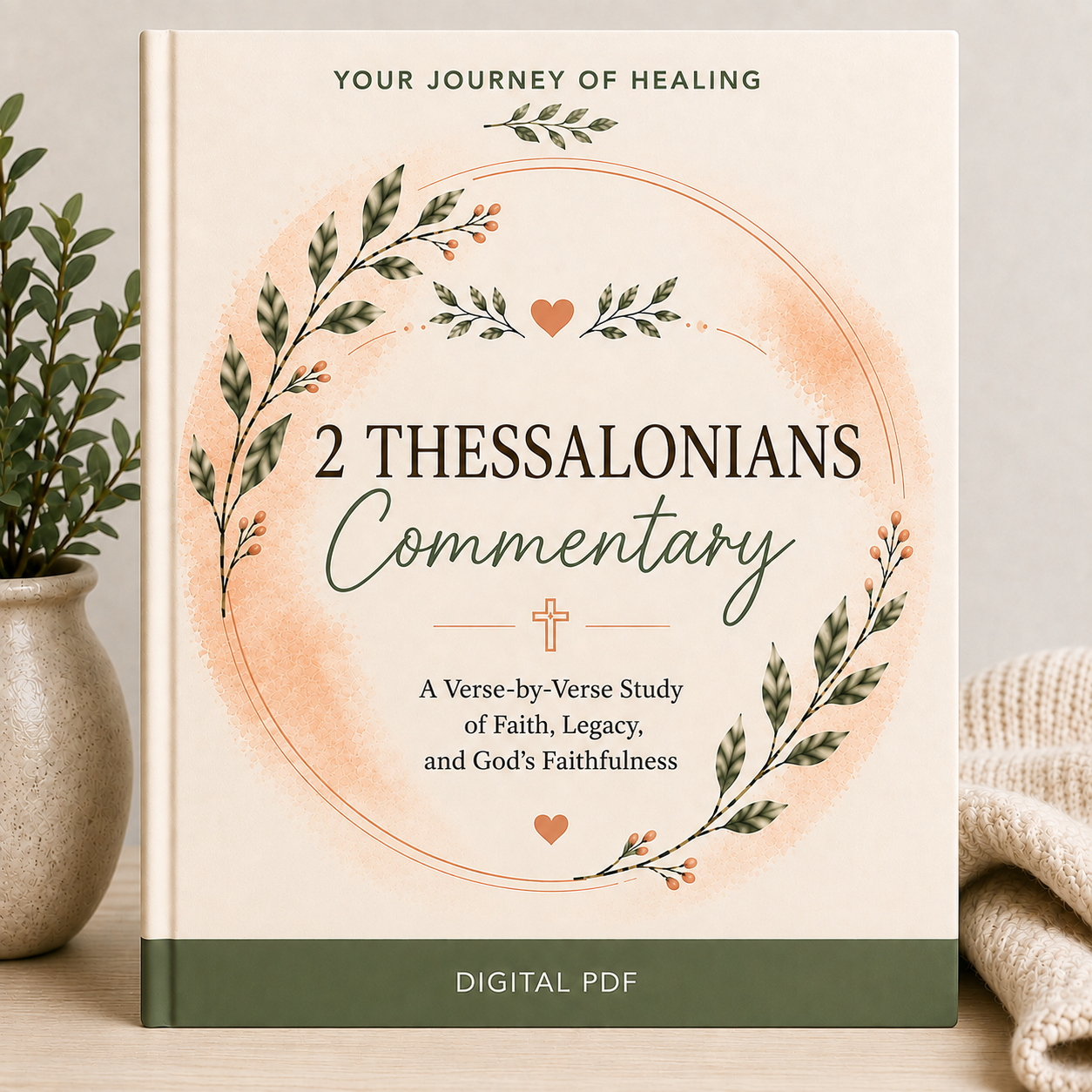 A book cover for '2 Thessalonians Commentary' shown standing upright on a tabletop, with a potted plant on the left and a folded knit blanket on the right. The cover has a cream background, a peach watercolor circle, green and dark green botanical wreaths, and a dark green band at the bottom.