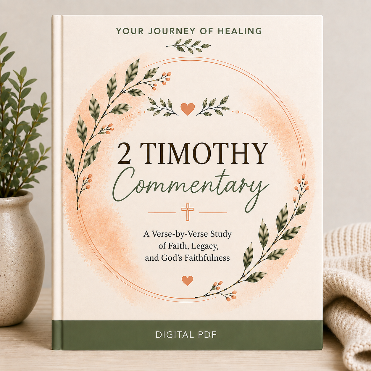 A book cover for a digital PDF titled "2 Timothy Commentary" is shown standing upright on a tabletop. The cover has a warm cream background with a peach watercolor circle, green leafy wreath illustrations, and a dark green band at the bottom.