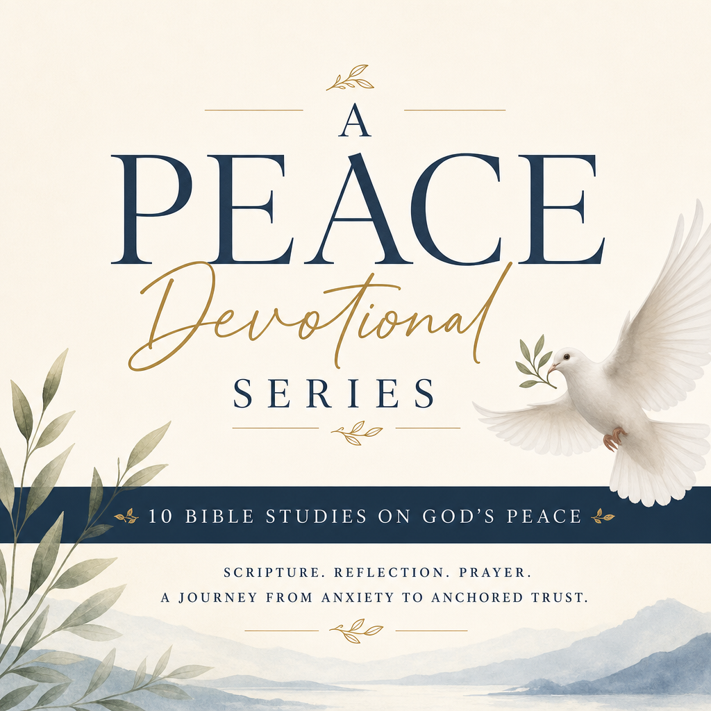Book cover for 'A Peace Devotional Series' featuring a white dove, soft blue landscape illustration, and navy and gold typography on a warm cream background.