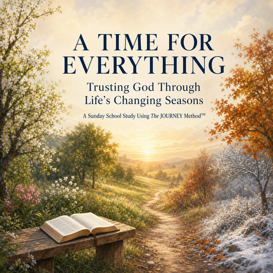 A Time for Everything Sunday school study cover featuring an open Bible beside a path moving through spring, summer, autumn, and winter.