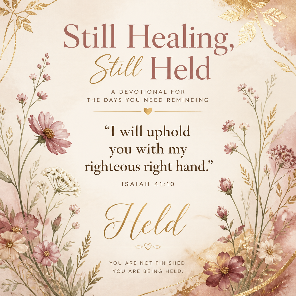 A devotional quote card with the text 'Still Healing, Still Held' and 'I will uphold you with my righteous right hand. Isaiah 41:10' surrounded by watercolor-style flowers and gold decorative accents on a soft cream background.