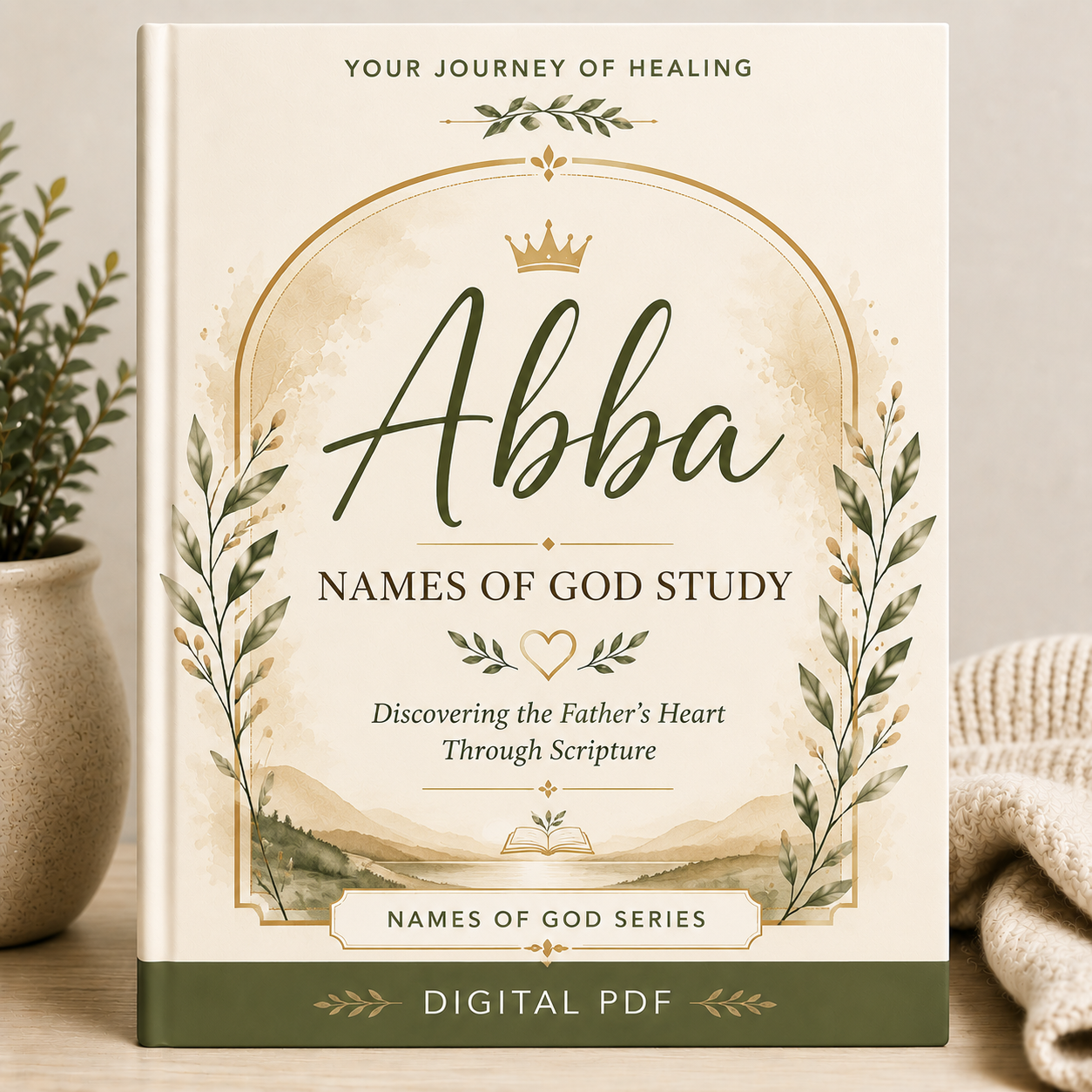 Promotional graphic for an instant digital download product, showing a cream and dark green design with text, icons, and mockup pages for a study guide and reflection questions.
