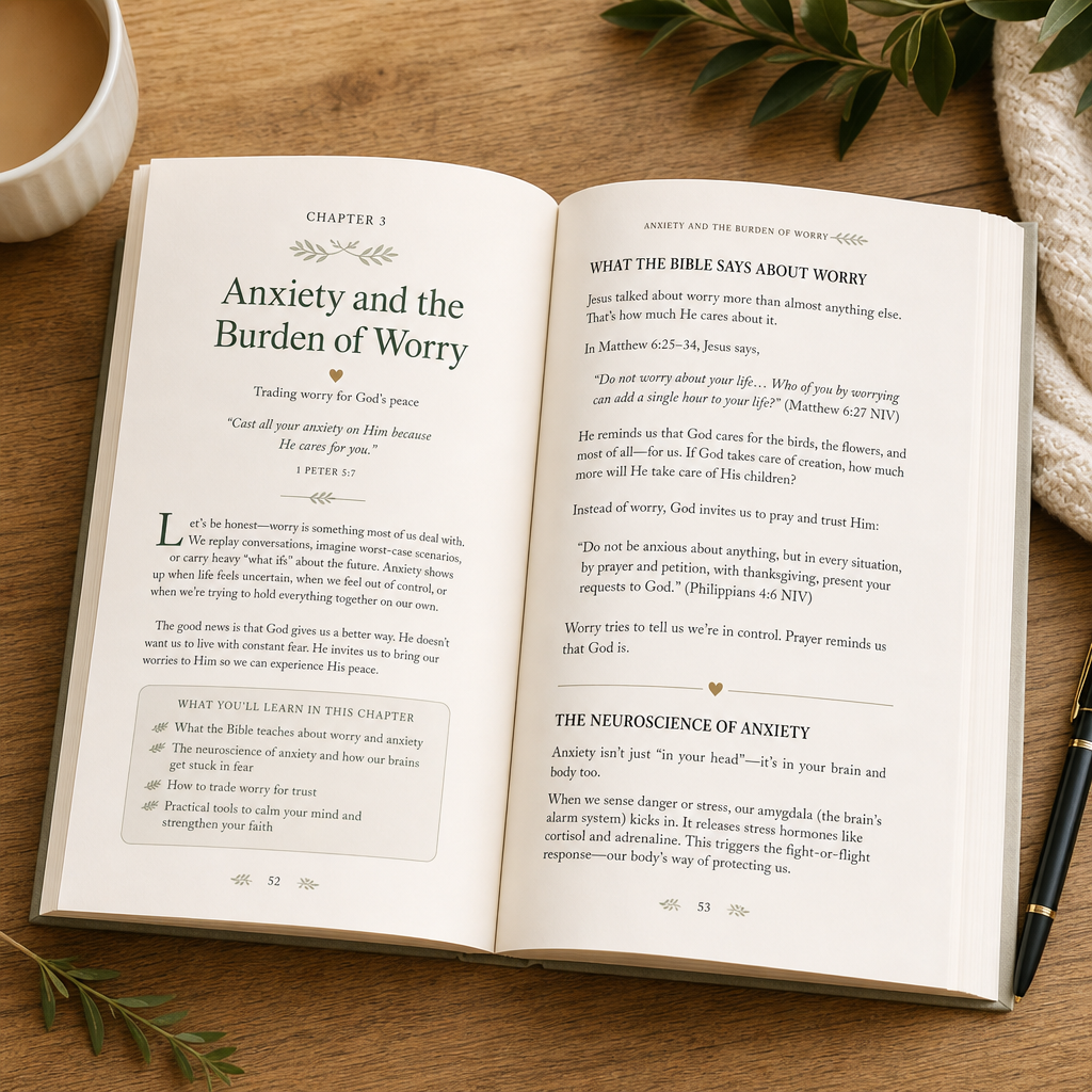 An open Bible showing Chapter 3, 'Anxiety and the Burden of Worry,' laid flat on a light wood surface with a white ceramic mug and green leaves nearby.