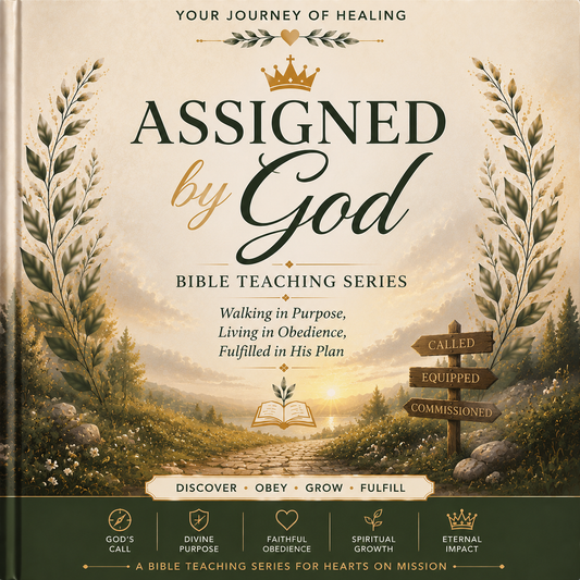 Front cover of a Bible teaching book titled "Assigned by God" from the Bible Teaching Series. The cover features a warm cream background with large dark green and black typography, a gold crown icon, decorative leafy wreaths, a scenic landscape illustration with a sunrise, and a dark green footer with small icon-based labels.