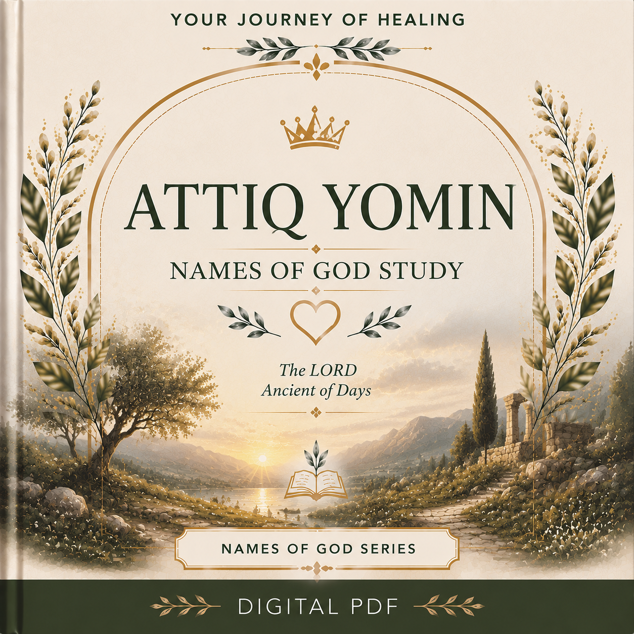 Attiq Yomin (Ancient of Days) printable Bible study by Your Journey of Healing featuring an elegant botanical cover with a sunrise landscape, symbolizing God's eternal reign, wisdom, sovereignty, and everlasting kingdom as part of the Names of God Series.