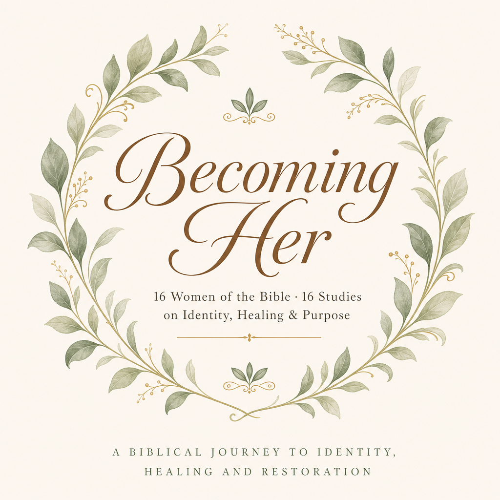 Book cover for 'Becoming Her' featuring elegant brown script text centered within a watercolor-style green leaf wreath on a warm cream background.
