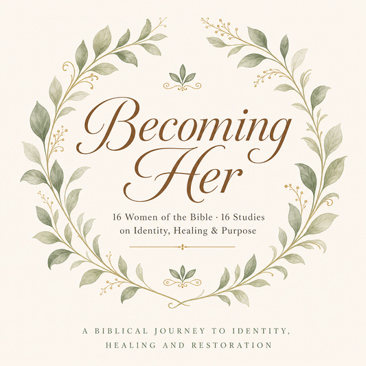 Book cover for 'Becoming Her' featuring elegant brown script text centered within a watercolor-style green leaf wreath on a warm cream background.