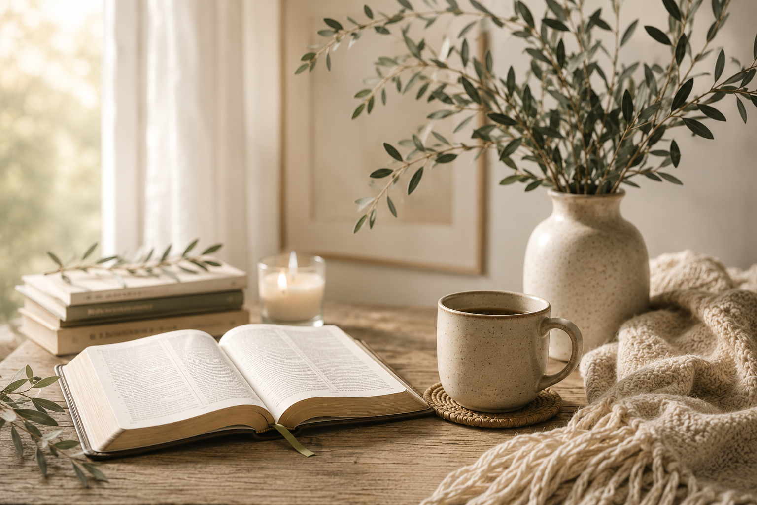 A cozy tabletop scene with an open book, a ceramic mug on a coaster, a vase of greenery, books, a candle, and a knitted throw blanket in warm natural light near a window.