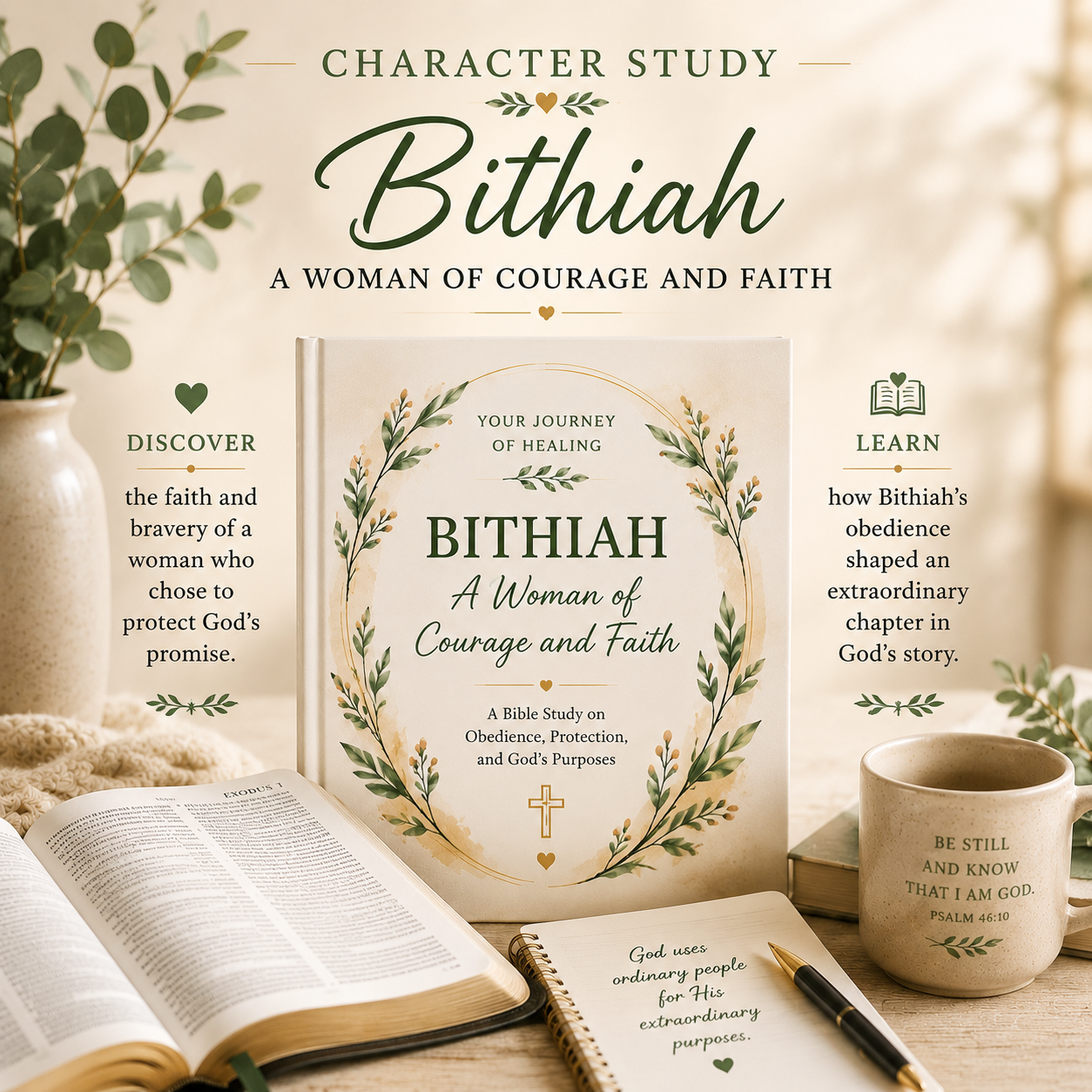 Bithiah Character Study printable PDF by Your Journey of Healing featuring an elegant botanical cover design with an open Bible, journal, coffee mug, and cozy Bible study setting, exploring the life of Pharaoh's daughter and her courage, faith, and role in God's redemptive plan.