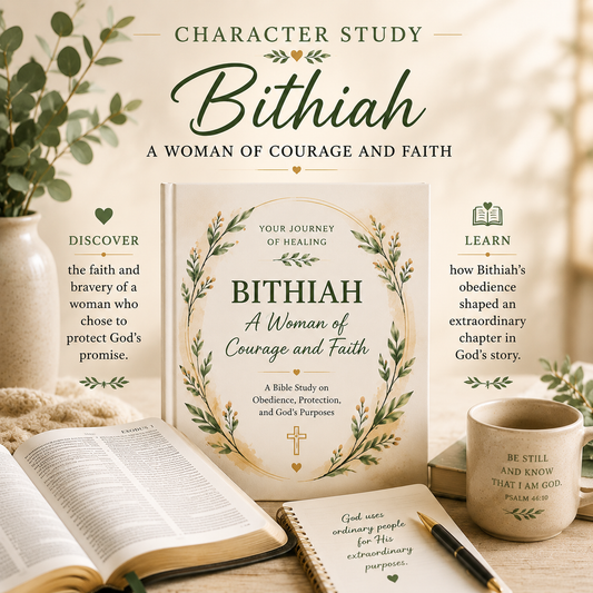 Bithiah Character Study printable PDF by Your Journey of Healing featuring an elegant botanical cover design with an open Bible, journal, coffee mug, and cozy Bible study setting, exploring the life of Pharaoh's daughter and her courage, faith, and role in God's redemptive plan.