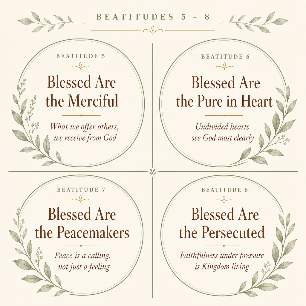 A square decorative print or poster featuring four circular medallion-style panels with biblicalatitude quotes from Beatitude 5 to 8. The design has a warm cream background, dark brown text, and muted green leafy flourishes framing each section.