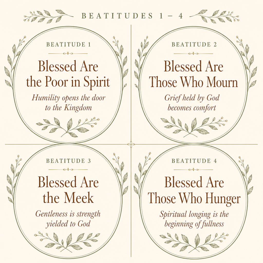 A four-panel decorative graphic with the heading 'BEATITUDES 1 - 4' and four oval sections labeled Beatitude 1 through 4, each with a leafy border and a biblical-style phrase and subtitle on a warm cream background.