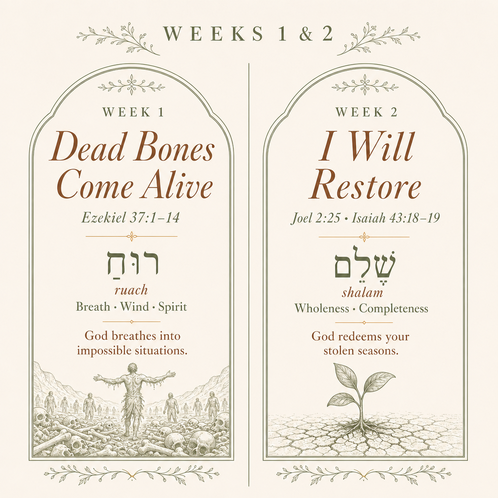 A digital graphic showing a weekly spiritual journal or planner spread for 'Dead Bones Come Alive' and 'I Will Restore', featuring Hebrew and English text, illustrations of a figure and a sprout, and a warm cream background.