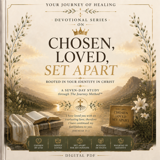 Chosen, Loved, Set Apart printable 7-day Christian devotional by Your Journey of Healing featuring an elegant botanical cover with a sunrise valley, open Bible, and cross-and-roots emblem, highlighting biblical identity, God's love, purpose, and spiritual growth through The Journey Method™ as part of the Devotional Series.