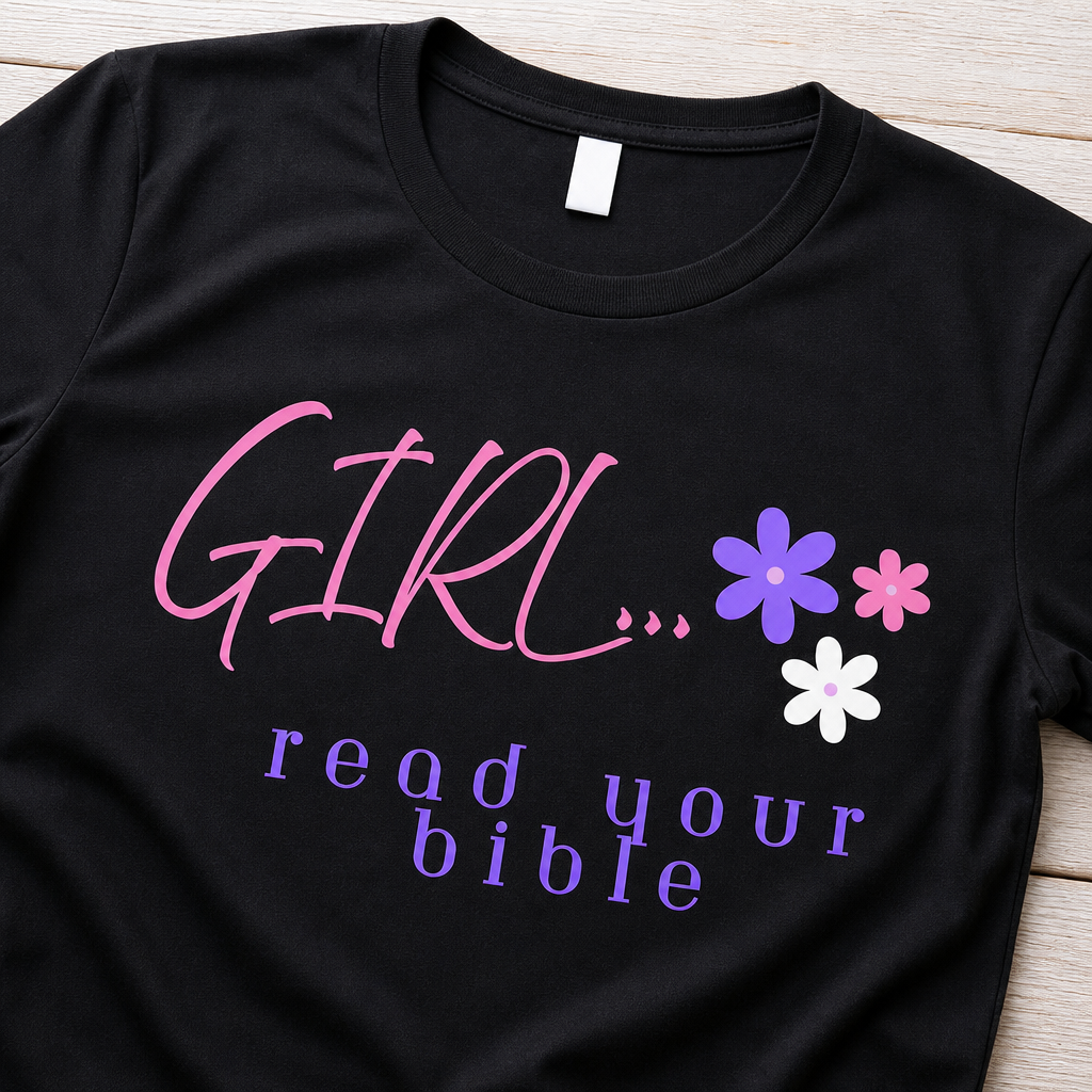 A black short-sleeve t-shirt laid flat on a light wood background, featuring the text 'GIRL.