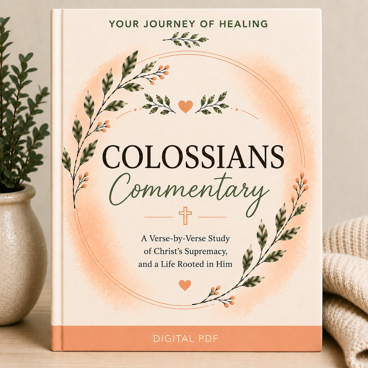 A book cover for 'Colossians Commentary' shown standing upright on a tabletop. The cover has a warm cream background with a peach watercolor circle, green and dark lettering, and botanical illustrations.