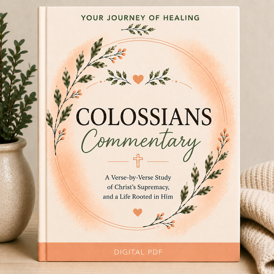 A book cover for 'Colossians Commentary' shown standing upright on a tabletop. The cover has a warm cream background with a peach watercolor circle, green and dark lettering, and botanical illustrations.