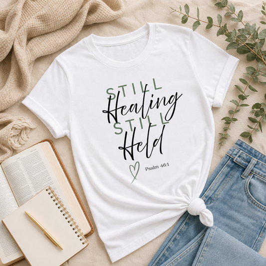Inspirational 'Still Healing, Still Held' Graphic Tee