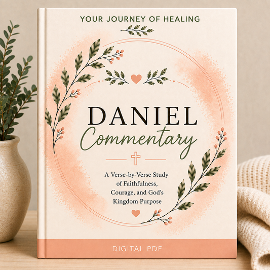A book-style cover design for a digital product titled "Daniel Commentary" with decorative floral wreaths, a peach watercolor wash, and text reading "Your Journey of Healing" and "Digital PDF," shown standing on a tabletop with a plant and folded blanket nearby.