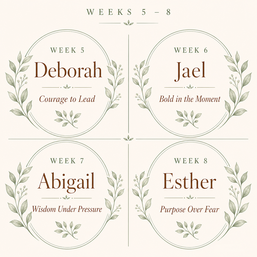 A decorative graphic with four circular labels arranged in a 2x2 grid, labeled Weeks 5-8 with names Deborah, Joel, Abigail, and Esther plus short phrases beneath each name. The design uses muted green leafy wreaths and brown text on a warm cream background.