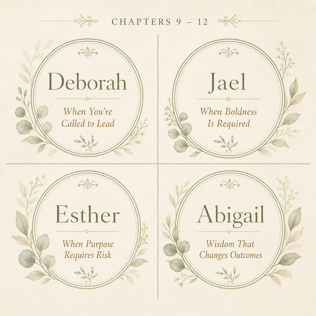A decorative four-panel graphic with the headings 'Deborah', 'Jael', 'Esther', and 'Abigail' under the text 'CHAPTERS 9 - 12'. Each panel has a pale green oval border with floral and leaf illustrations and a short subtitle in brown text on a warm cream background.