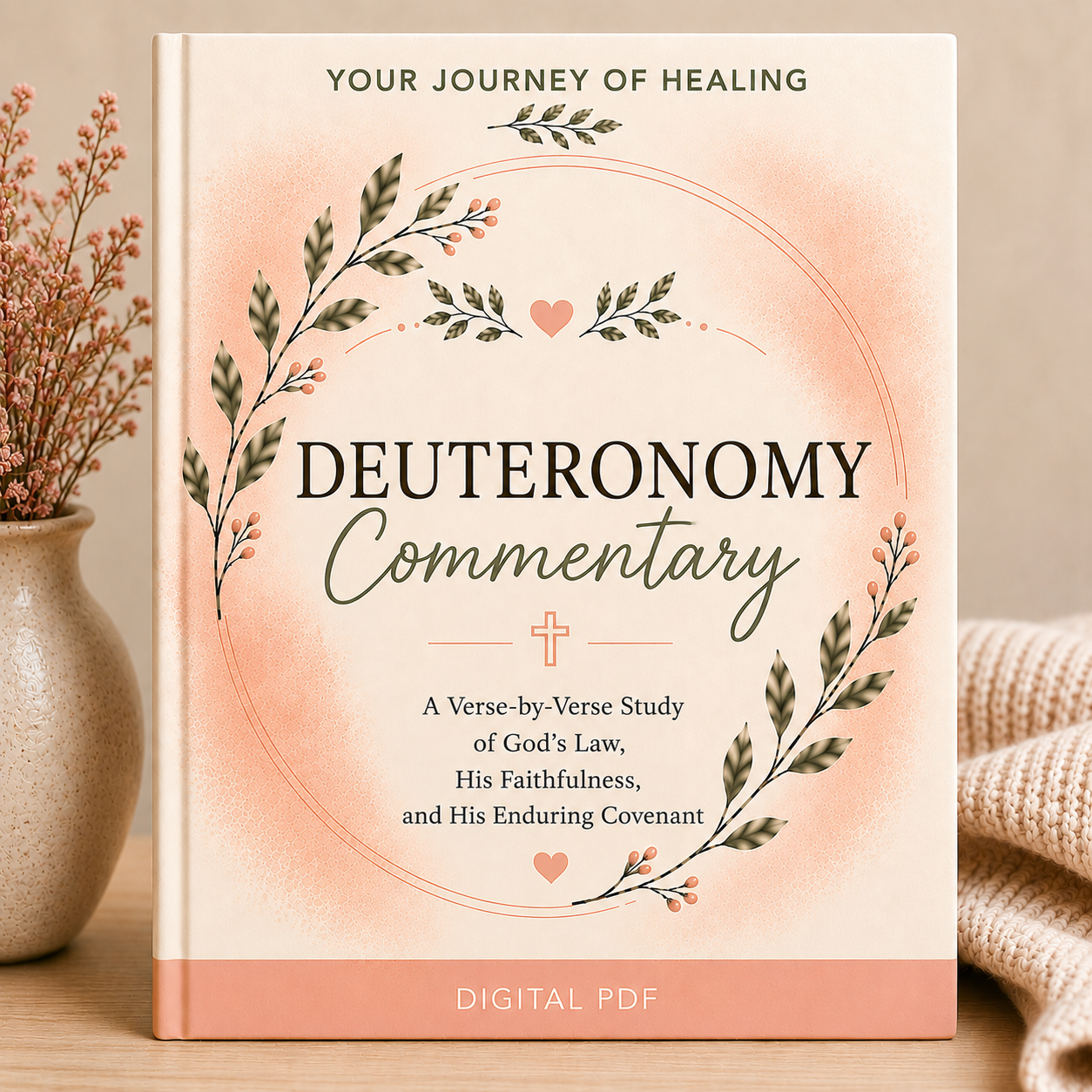 A book-style cover for a digital PDF titled "Deuteronomy Commentary" with a peach watercolor background, floral wreath illustrations, and the subtitle "A Verse-by-Verse Study of God's Law, His Faithfulness, and His Enduring Covenant." The cover is shown standing on a wooden surface beside a vase with dried stems and a folded knit blanket.