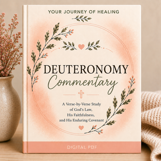A book-style cover for a digital PDF titled "Deuteronomy Commentary" with a peach watercolor background, floral wreath illustrations, and the subtitle "A Verse-by-Verse Study of God's Law, His Faithfulness, and His Enduring Covenant." The cover is shown standing on a wooden surface beside a vase with dried stems and a folded knit blanket.