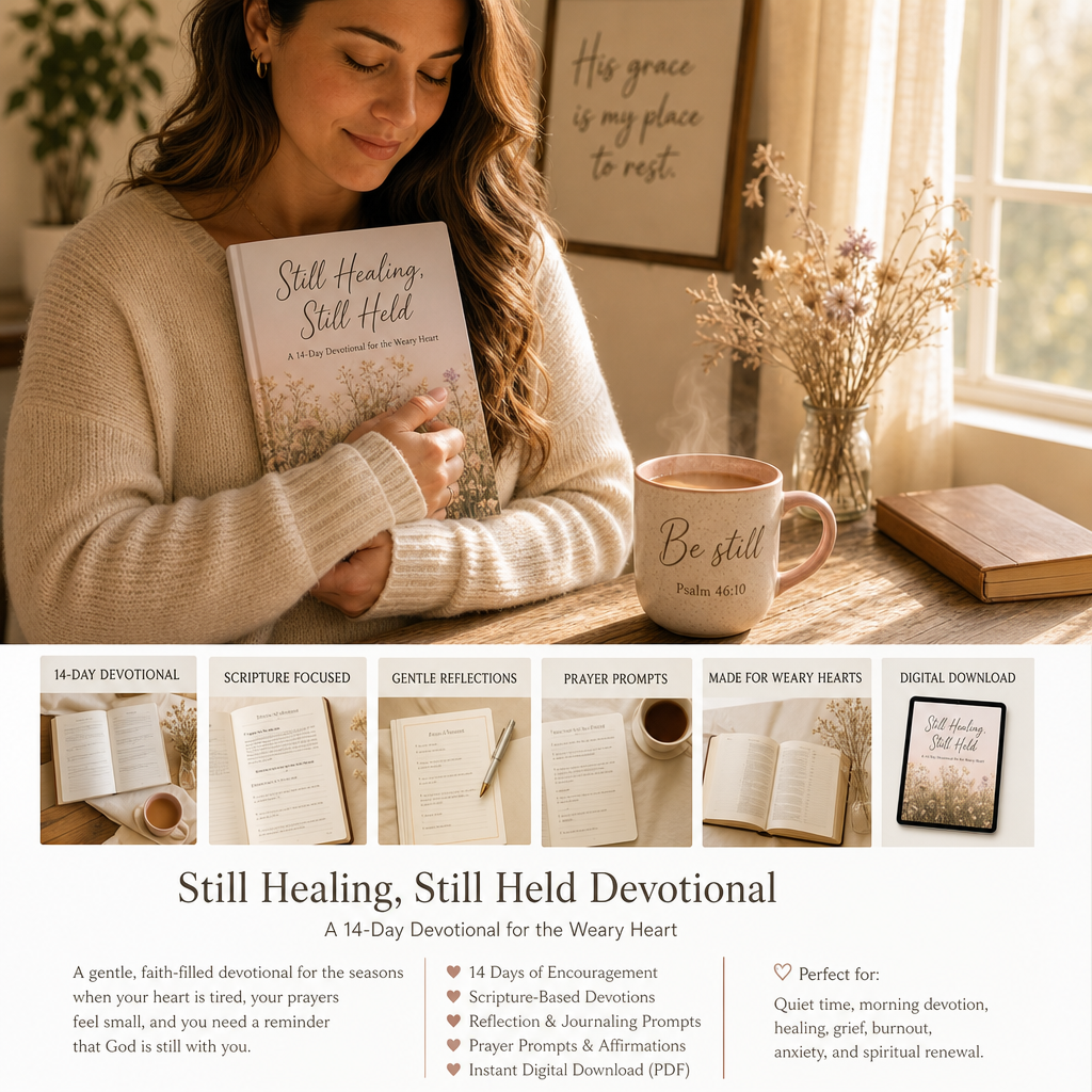 A woman in a beige sweater reads a devotional book titled 'Still Healing, Still Held' in a warm, sunlit room. The scene includes a mug that says 'Be still,' a book, and a framed scripture quote on the wall.