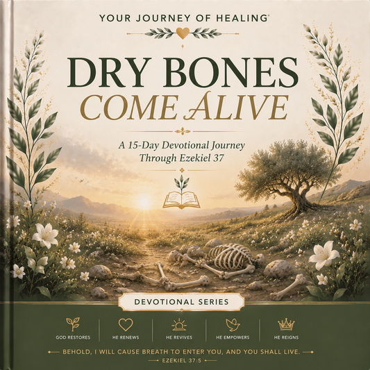Dry Bones Come Alive printable 15-day Christian devotional by Your Journey of Healing featuring an elegant botanical cover with a sunrise over a valley of dry bones, symbolizing God's restoring power, hope, spiritual renewal, and the promise of new life through Ezekiel 37 as part of the Devotional Series.