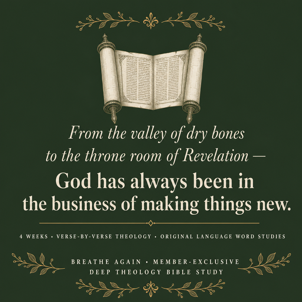 A square cover-style graphic for a Bible study, featuring an illustrated open scroll on a dark green background with cream and gold text. The central text reads, 'From the valley of dry bones to the throne room of Revelation — God has always been in the business of making things new.