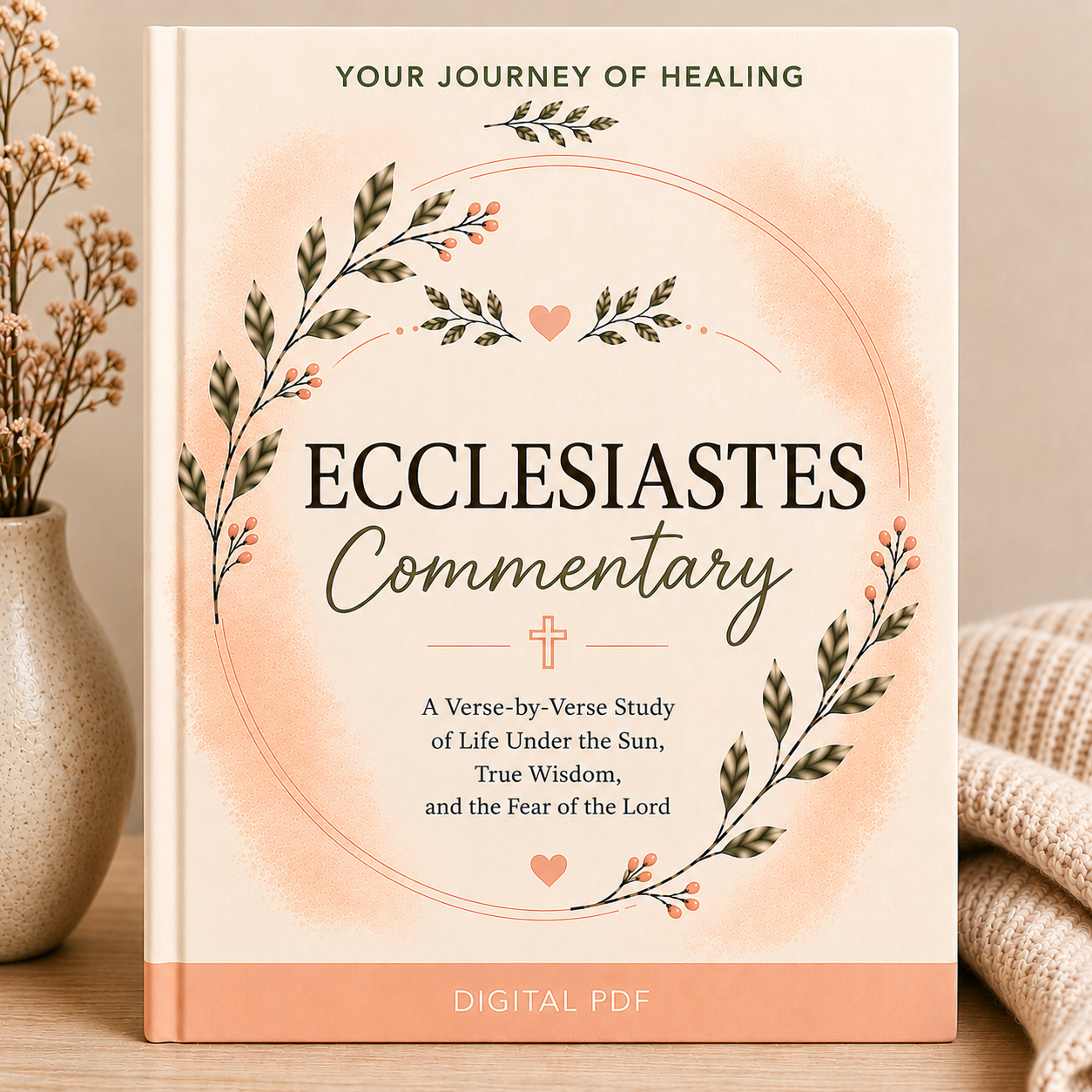 A book-style cover for 'Ecclesiastes Commentary' shown standing upright on a tabletop. The cover has a warm cream background with peach watercolor wash, dark green botanical illustrations, and black serif text.