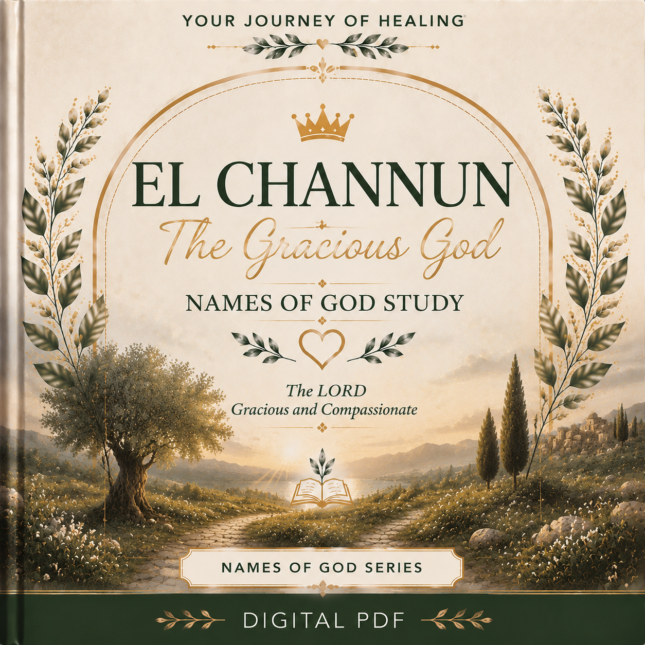 El Channun (The Gracious God) printable Bible study by Your Journey of Healing featuring an elegant botanical cover with a peaceful sunrise landscape, symbolizing God's grace, mercy, compassion, and steadfast love as part of the Names of God Series.