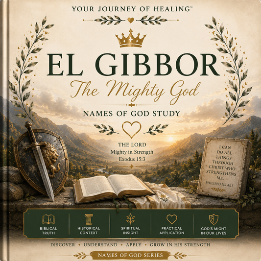 El Gibbor (The Mighty God) printable Bible study by Your Journey of Healing featuring an elegant botanical cover with a sunrise mountain landscape, an open Bible, a shield and sword, symbolizing God's strength, victory, protection, and sovereign power as part of the Names of God Series.