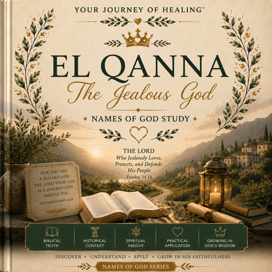 Front cover of the book 'El Qanna: The Jealous God - Names of God Study' showing a scenic mountain landscape at sunrise with an open Bible, a candle, and decorative gold leaf and olive branch borders.